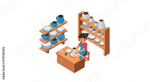 Potter shaping clay on a wheel in a charming studio with shelves displaying finished pottery ceramics and dishware ready for sale