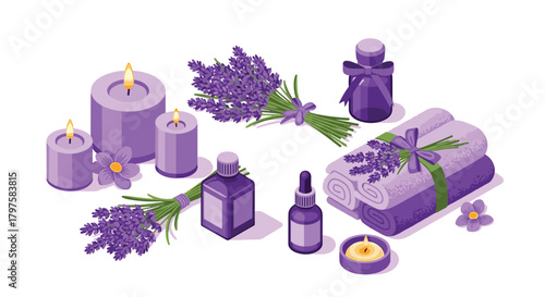 Relaxing lavender aromatherapy set with scented candles and essential oils for a calming spa day experience at home or in a professional setting