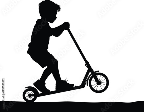 Child riding kick scooter silhouette, active kid outdoors play, fun transportation, childhood activity, sport recreation vector illustration