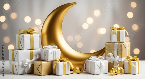 Golden crescent moon with stacked gift boxes and bokeh lights symbolizing celebration and festive occasions