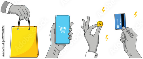 Modern vector illustration set of four black and white hands engaging in e-commerce, showing actions like holding a shopping bag, smartphone with a cart icon, credit card, and coin for online payment