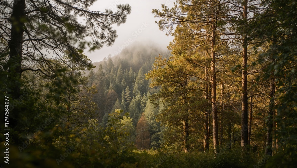 Fototapeta premium Morning wood amidst overcast skies, exploring the theme of isolation
