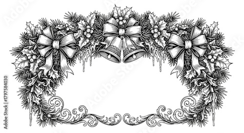 Decorative Christmas floral frame with bells and bows design  