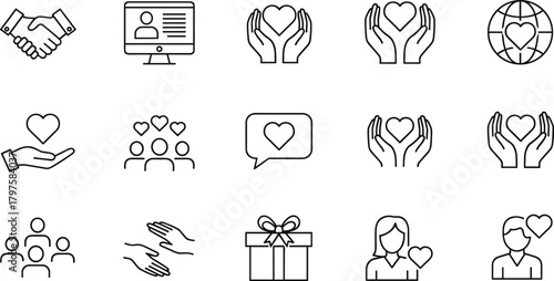 Vector line icon set symbolizing charity, donation, social responsibility, and community support, featuring handshake, heart in hands, gift box, global care, and teamwork concepts
