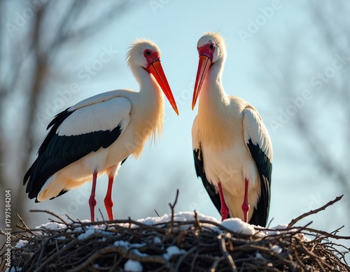 Two white storks stand in nest with snow on. Birds red beaks, legs. Stork couple looks at in winter. Nest made of twigs, branches. Storks white with black wings. Pink face, long orange beak.