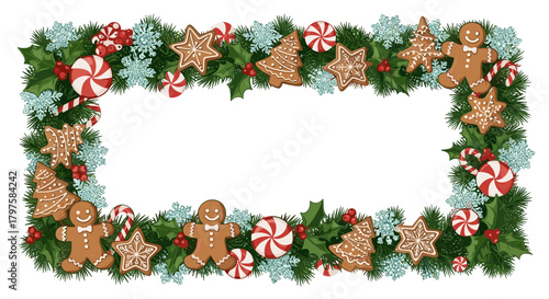 Festive Christmas border with gingerbread, candy canes, and holly  