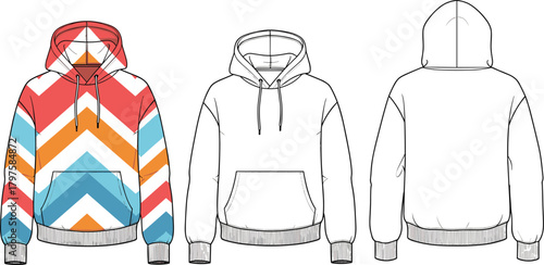 Vector template set showing front and back views of a hooded sweatshirt (hoodie) garment, featuring one styled with a colorful chevron pattern and two in clean outline and blank technical sketch forma