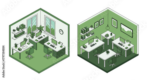 Modern isometric office space perfect for coworking, startups, or small businesses featuring desks, computers, and bright green decor