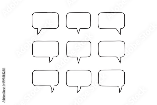 Nine hand drawn speech bubbles arranged in a grid pattern on a white background