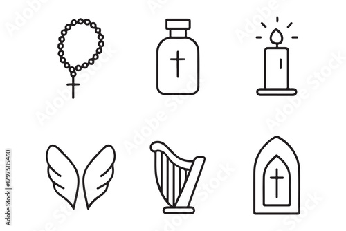 Religious symbols including rosary cross candle wings harp and church