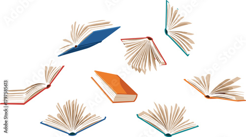 Vector illustration of multiple open and closed books falling or floating in the air, symbolizing knowledge, magic, education, imagination, reading, and the conceptual freedom of literature