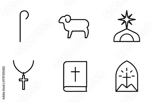 Simple black line icons depicting religious symbols sheep star and crosses