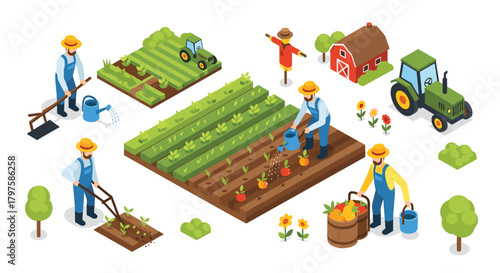 Illustrative farmers harvesting vibrant crops and tending to fields, creating a thriving, sustainable farm landscape with tractors and barn