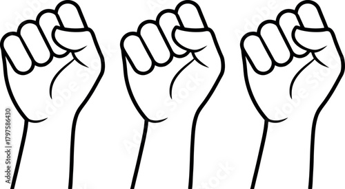 Three raised fists in a black and white illustration symbolizing solidarity