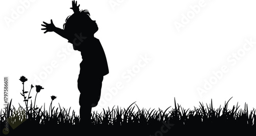 Child silhouette with raised arms outdoors in grass, joyful kid playing nature scene, happy childhood freedom illustration