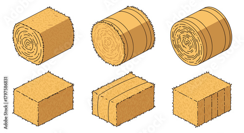 Isometric hay bales collection perfect for agricultural infographics, farm fresh branding and rustic countryside designs with charm and character