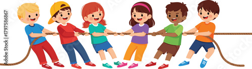 Cheerful vector illustration of a diverse group of six children pulling a rope in a tug of war game, symbolizing teamwork, playful competition, strength, and fun physical activity for kids.