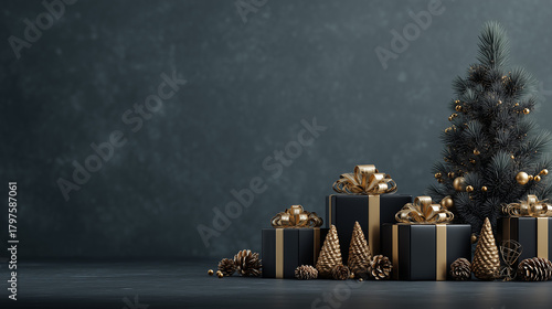 3d rendering of a Christmas background with black and gold gift boxes on a dark grey backdrop