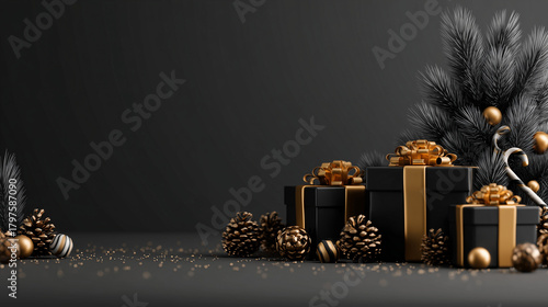 3d rendering of a Christmas background with black and gold gift boxes on a dark grey backdrop