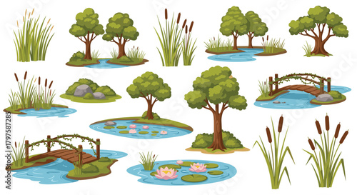 Tranquil cartoon landscape elements set for creating peaceful scenes, with trees, water lilies, bridges and reeds for storybook illustrations