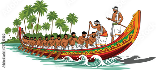 Vibrant vector illustration of a traditional Indian Keralan snake boat (Chundan Vallam) race, featuring many rowers, a palm tree island, and a man directing the crew, symbolizing cultural festival and