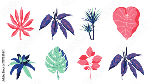 Collection of various tropical plant leaves in vibrant colors, diverse shapes and sizes, perfect for decorative or illustrative purposes