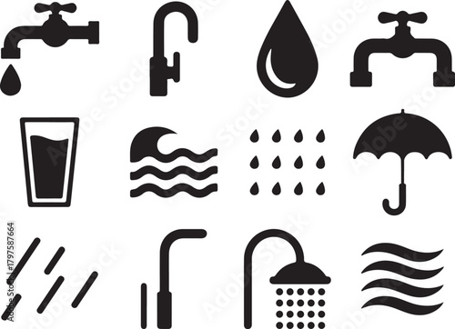 Collection of simple black and white icons representing water and weather elements