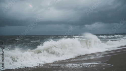 Fototapeta Naklejka Na Ścianę i Meble -  Roaring wave crashing during a hurricane at the Baltic Sea, highlighting erosion risk