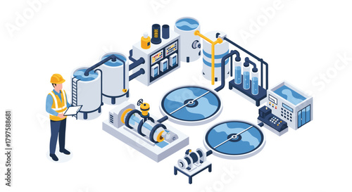 Innovative water purification plant design shows clean water technology, perfect for illustrating environmental solutions and industrial processes