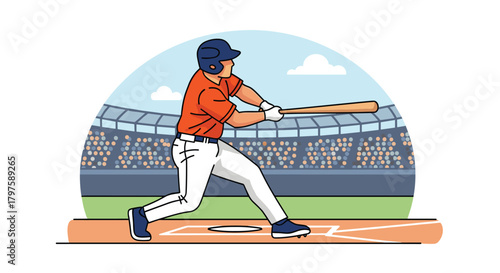 Dynamic illustration of baseball player hitting ball at stadium for sports promotions and advertising campaign visuals or team branding designs