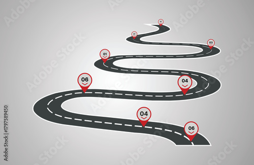 3d illustration of winding road with numbered location pins for navigation or business concept
