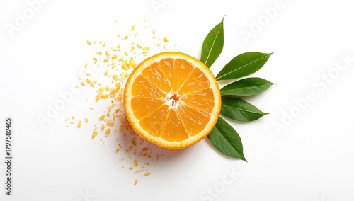 An orange with green leaves...