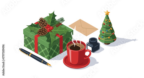 A cozy Christmas morning with a steaming cup of coffee while penning heartfelt holiday greetings to loved ones this season
