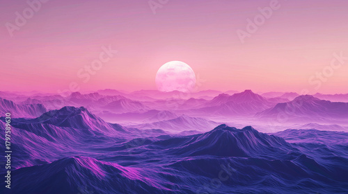 Purple mountain landscape at sunset with large moon and misty valleys, dreamy atmosphere