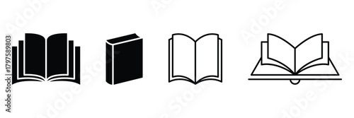 Book icon vector. Black book icons. Outline book symbol. Library symbol in glyph. Open and closed dictionary set. Education sign.