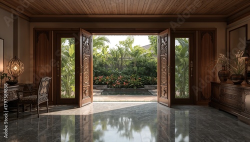 A wooden door opens to a tr...