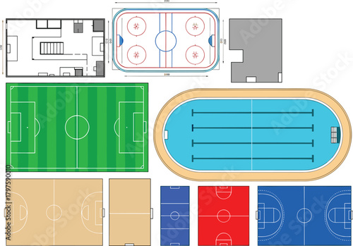 Top-down view vector set of various sport venue layouts, including football fields, an ice hockey rink, a swimming pool, and multiple indoor court layouts for comprehensive athletics illustration