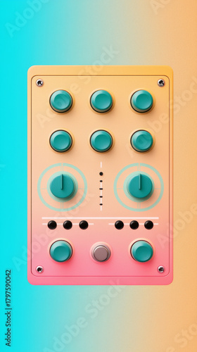 Colorful audio mixer panel with knobs and sliders in pastel gradient