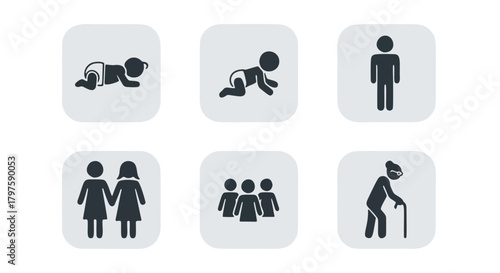 Graphic illustration depicting stages of human life: crawling baby, standing person, couple, group, and elderly woman with cane.