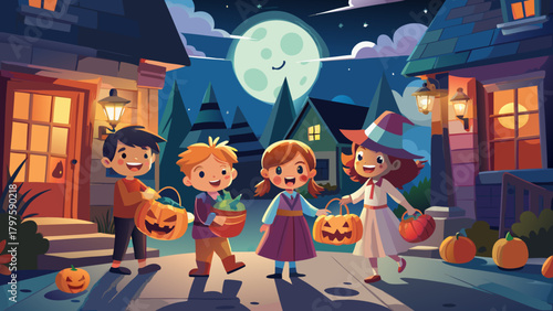Children trick or treating on halloween night cartoon