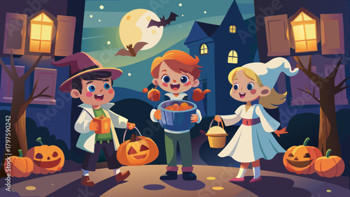 Children trick or treating on halloween night vector