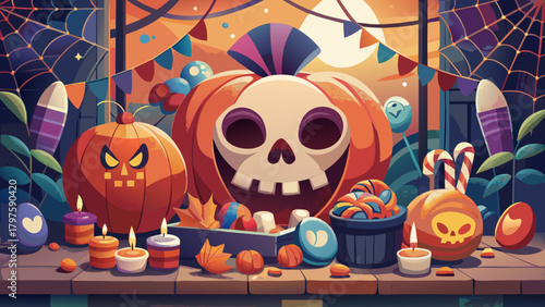 Halloween scene with pumpkins, candy, and decorations
