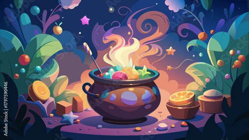 A cauldron brewing in a whimsical magical landscape