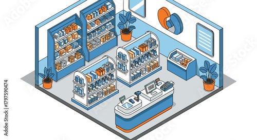 Inviting isometric store interior, perfect for showcasing retail designs and vibrant product displays in a modern shopping environment