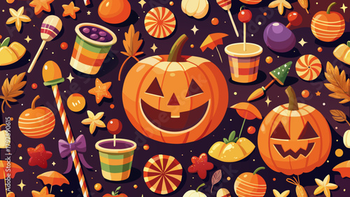 A halloween themed pattern with pumpkins and candies