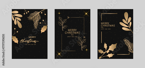 Blach Merry Christmas and Happy New Year. Vector illustration templates for holiday greeting card, background, website and social media banner, marketing material.