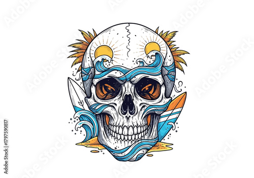 Surf's up! Skull with surfboard, waves, and sun art for edgy summer designs