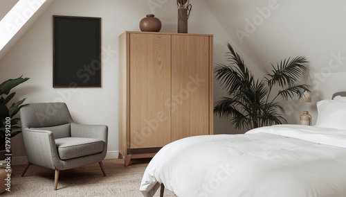 A grey armchair located bes...