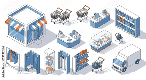 Modern store isometric elements for business branding and promotional campaign with shopping, goods, delivery, and sales scenes in minimal style