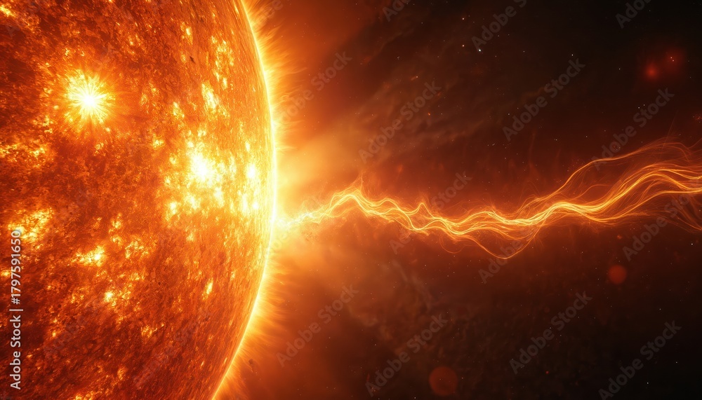 Fototapeta premium Massive solar storm erupts from suns surface with fiery plasma arcs and intense magnetic fields extending into deep space. This energetic event shows raw cosmic power.